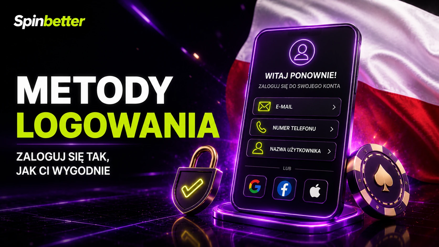 Formularz logowania SpinBetter z wyborem identyfikatora konta