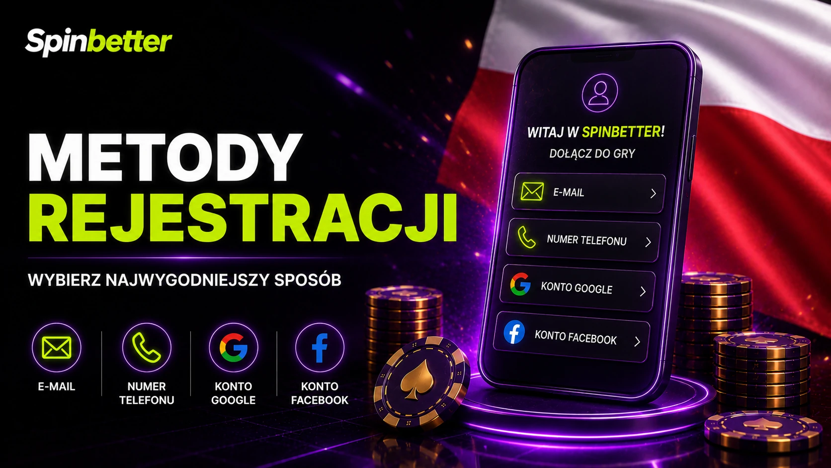 Wybór sposobu rejestracji w SpinBetter z czterema wariantami zapisu
