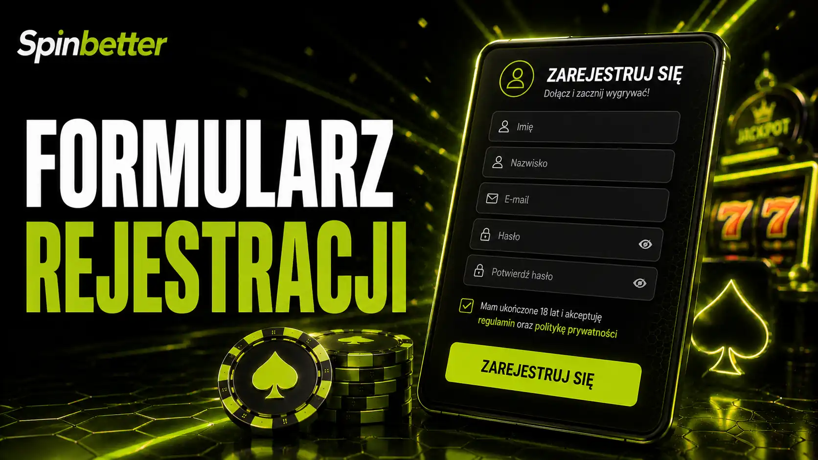 Formularz rejestracji SpinBetter z wyborem waluty konta