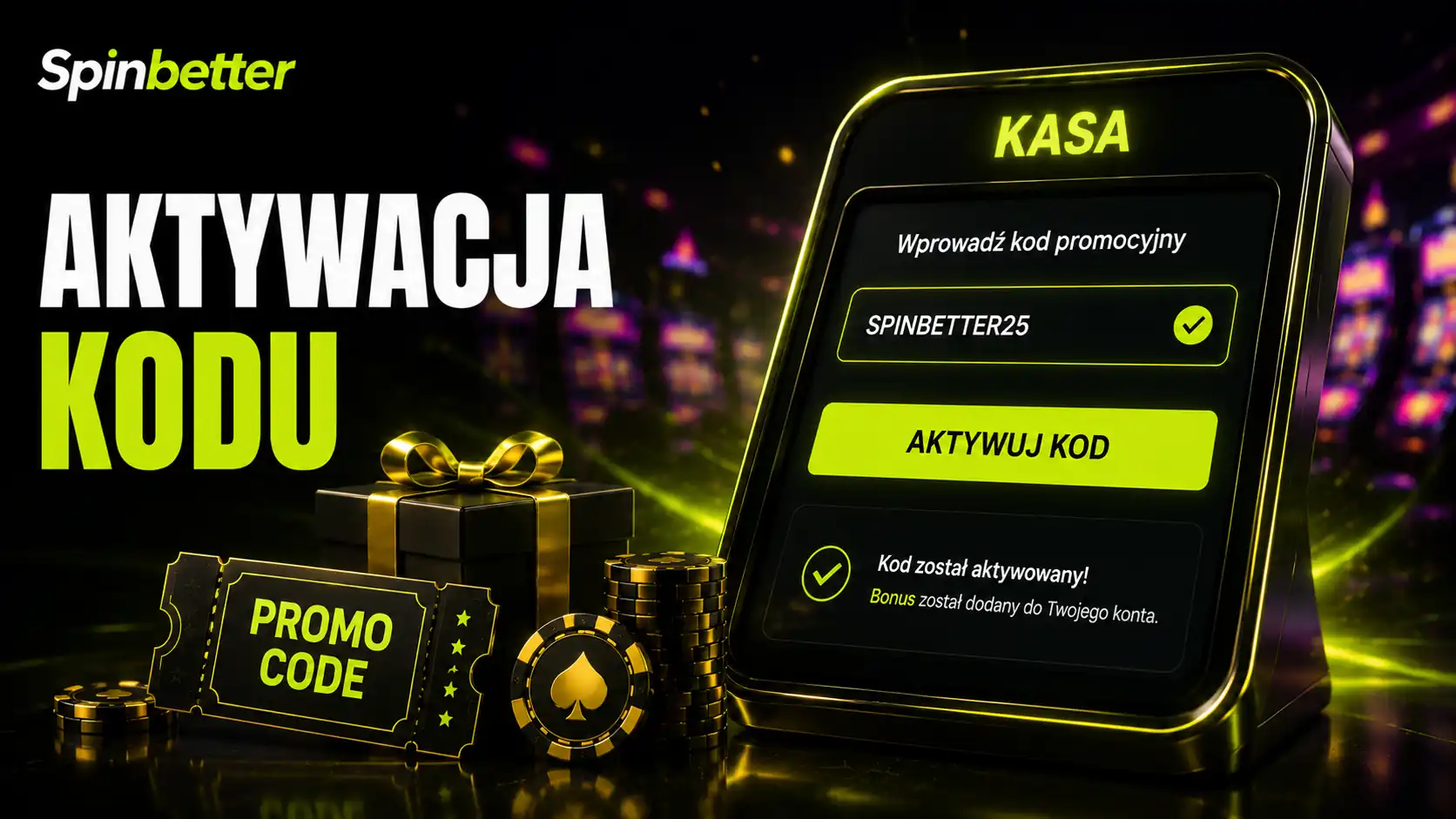 Potwierdzenie przyjęcia kodu promocyjnego na koncie SpinBetter